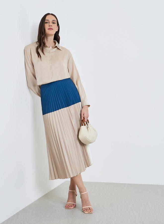 ستايلي تنورة طويلة بكسرات ونمط كتل الالوان بحافة واسعة - Image 4